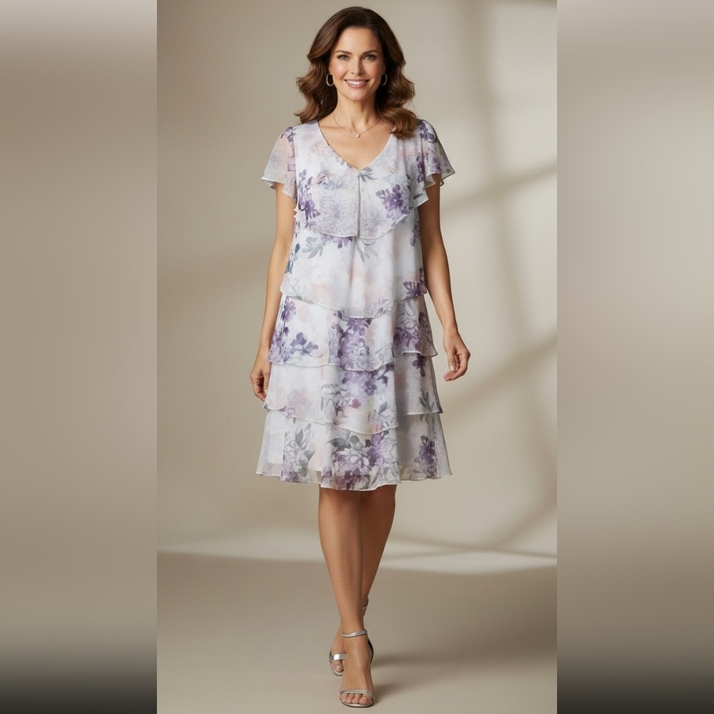 SLNY st fashion Multicolored Short Sleeve Tier Print long Dress, Size 18